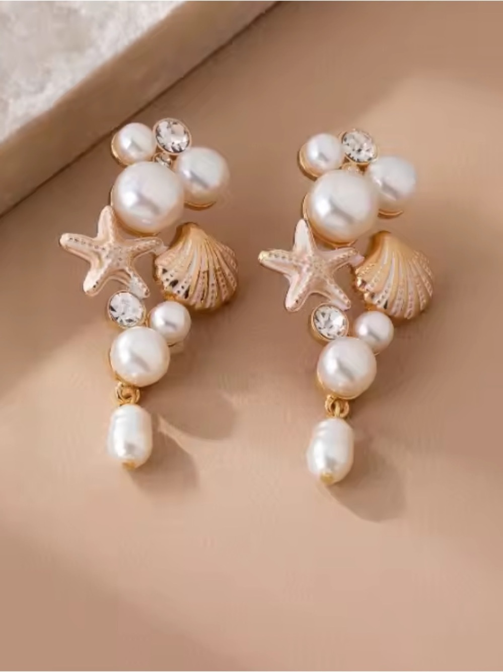Gold and White Pearl Seashell Drop Earrings